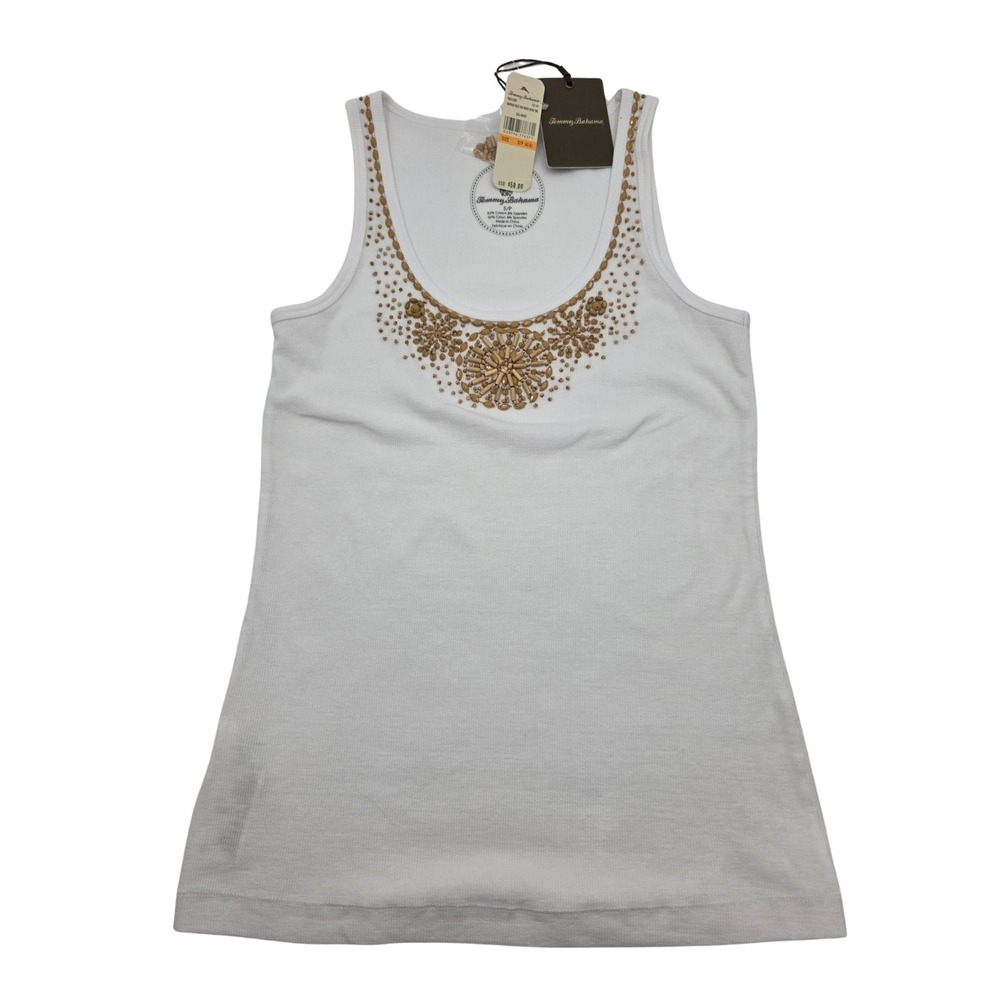 Tommy Bahama NWT Womens Small White Embellished Beaded Tank Top Resort Boho Cott